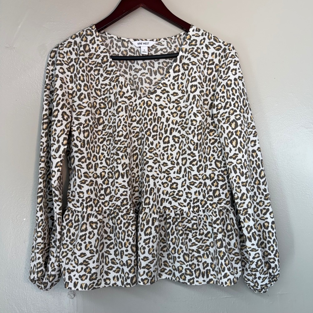 Nine West Leopard Print Peplum Blouse V-Neck Long Sleeve Animal Print Top Small